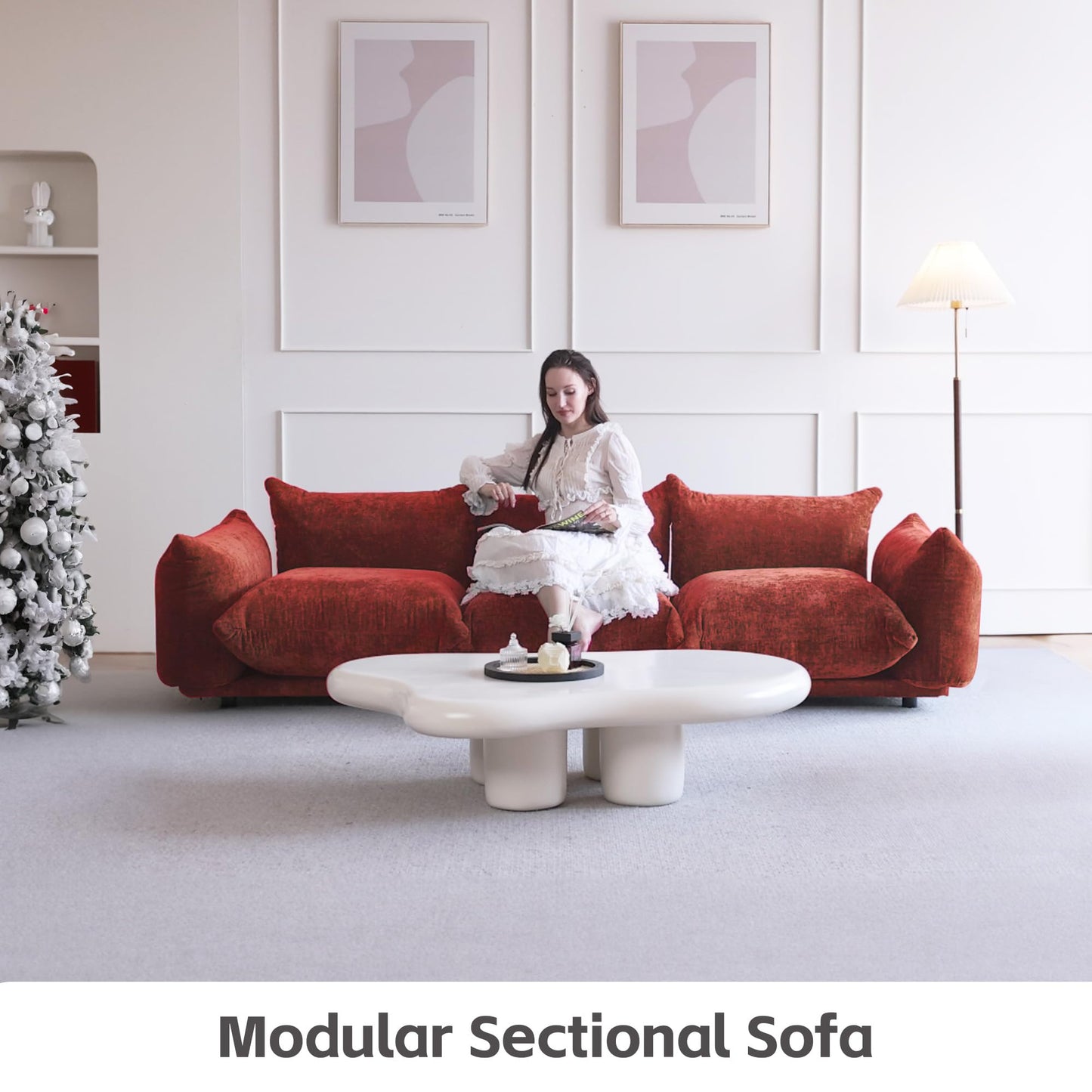 WJShome Modular Sectional Couch, Lovesofa Convertible Sofa, 77.16in Minimalist Modern Chenille Yarn 2 Seater Living Room Sofa Set for Office & House, Red