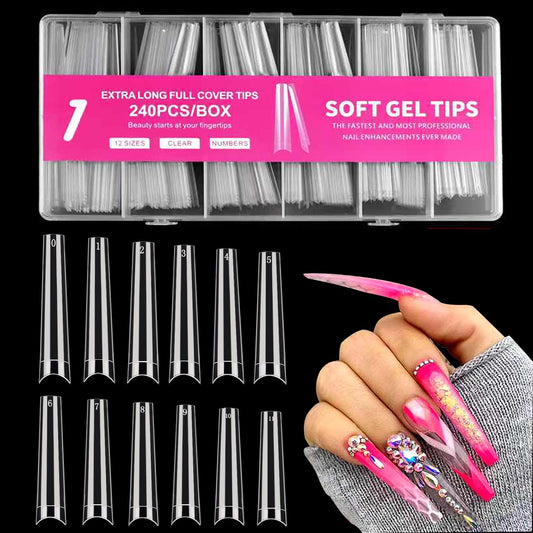 Extra Long Coffin Nail Tips No C Curve 240PCS XXXL Nails Clear Acrylic Nails Tips, Half Cover Long Coffin Press On Nails, Flat Acrylic Nail Tips False Nails For Nail Salon Home DIY,12 Sizes
