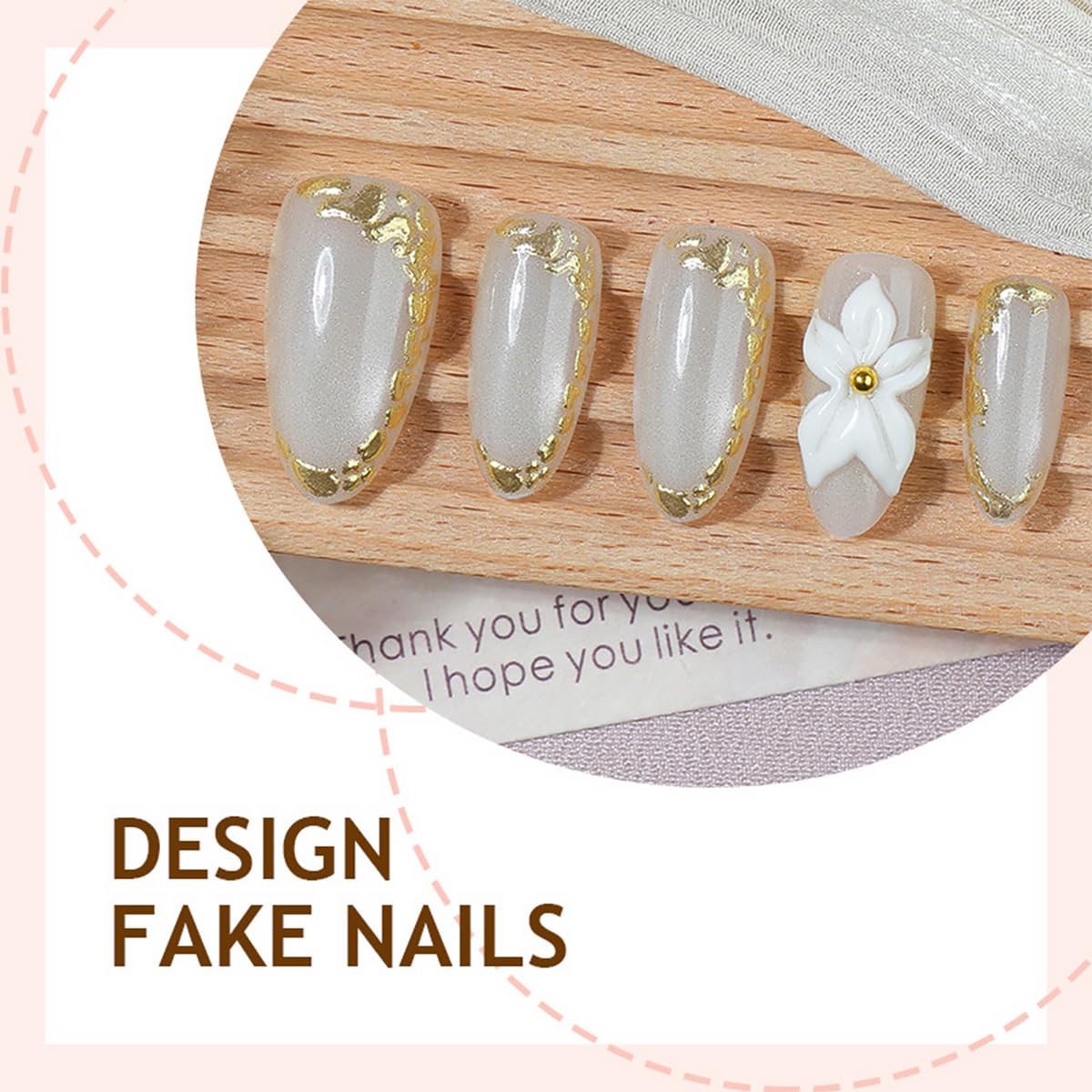 30Pcs Flower Press on Nails Medium Almond Fake Nails with Gilding Line Design 3D White Flower False Nails Gold Rhinestones Artificial Stick on Nails glitter Full Cover Glue on Nail for Women Supplies