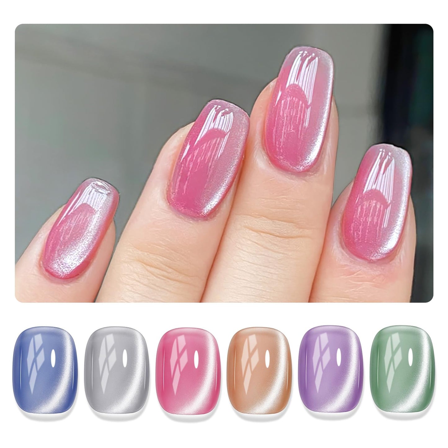 MIZHSE Cat Eye Gel Nail Polish, Moonlight 6 Colors Ceramic Magnetic Gel Polish Set with Magnet Stick, Crystal Silver Pink Green Blue Purple Magnetic French Nail Polish Kit Gift Set