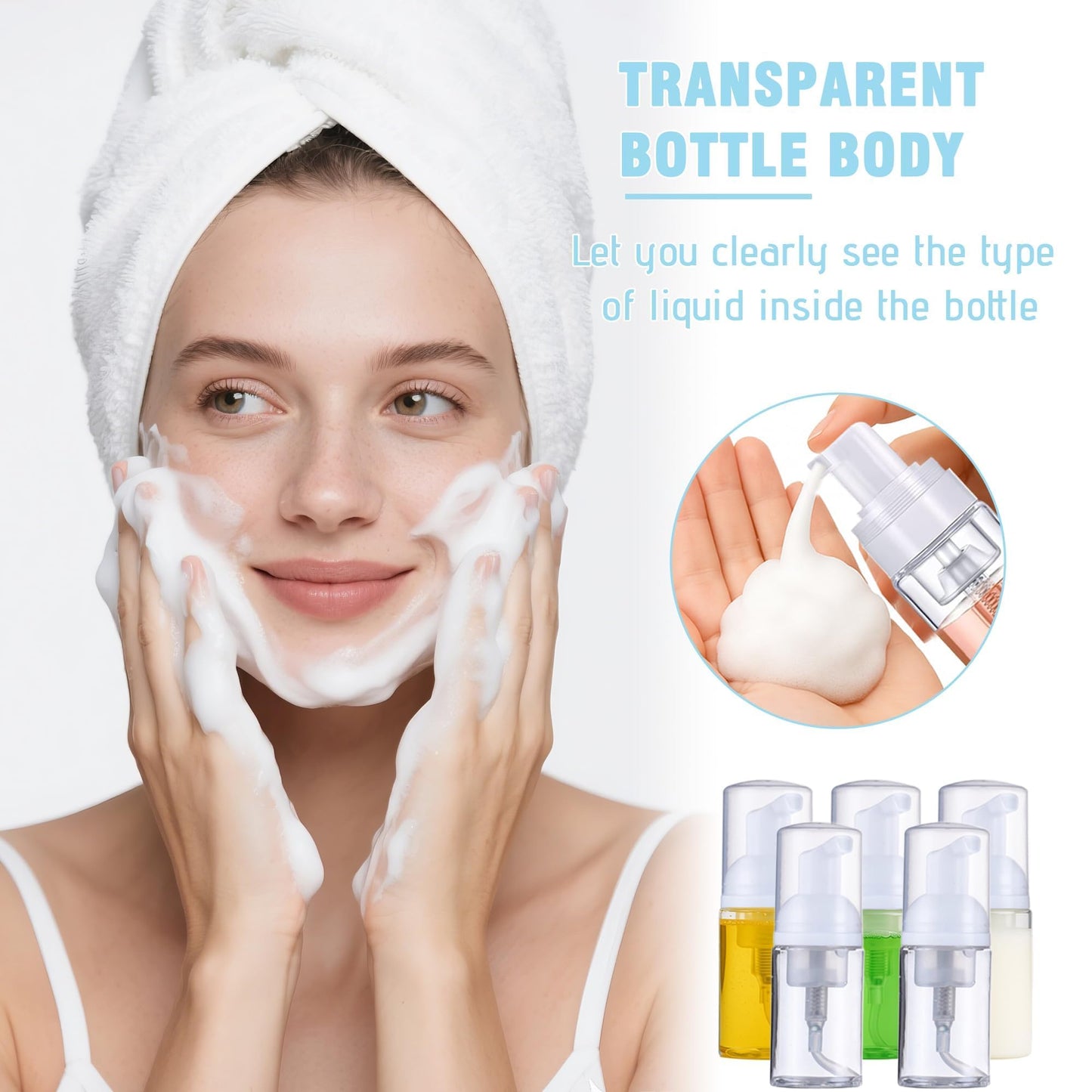50 Pcs Foam Pump Bottle 1 oz Small Size Mousse Foam Soap Dispenser,Clear Plastic Empty Refillable Mini Foam Pump Bottle for Face Wash Shampoo Skin Care with 160 Labels（30 ml）