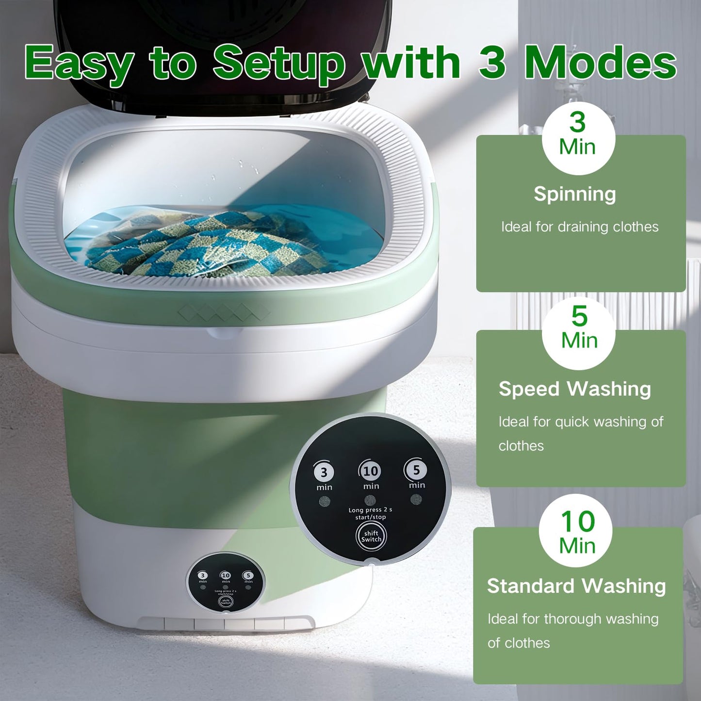 LGLRTD Portable Washing Machine, 15L Mini Collapsible Washer with 3 Cleaning Modes for Baby Clothes, Underwear, Small Foldable Laundry for Travel Apartment Home Dorm Hotel Camping (White+Green)