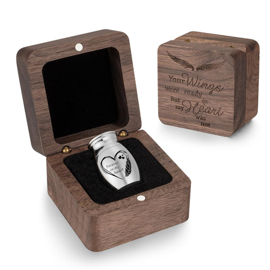 Dletay Angel Wing Small Urns for Human Ashes Square Wooden Keepsake Box 1.57 Inches Heart Mini Cremation Urns for Women Men Memorial Funeral Urn
