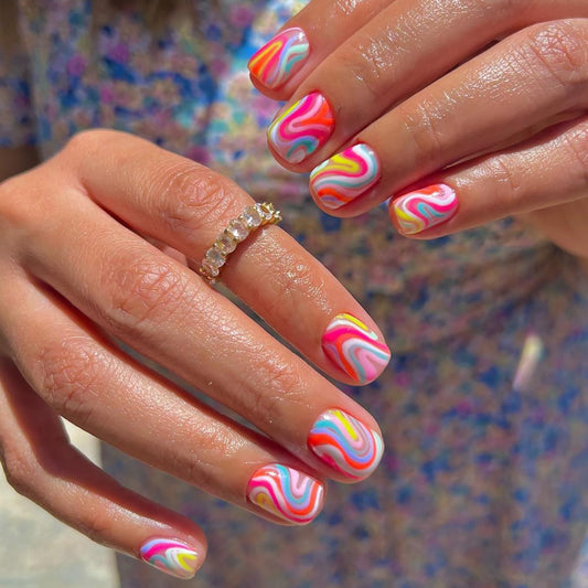Vezocim Press on Nails Square Short 24Pcs Press on Nails with Colorful Wavy Line Designs Glossy Full Cover Acrylic Extra Short Coffin False Nails Glue ons Fingernails Artificial Fake Nails for Women