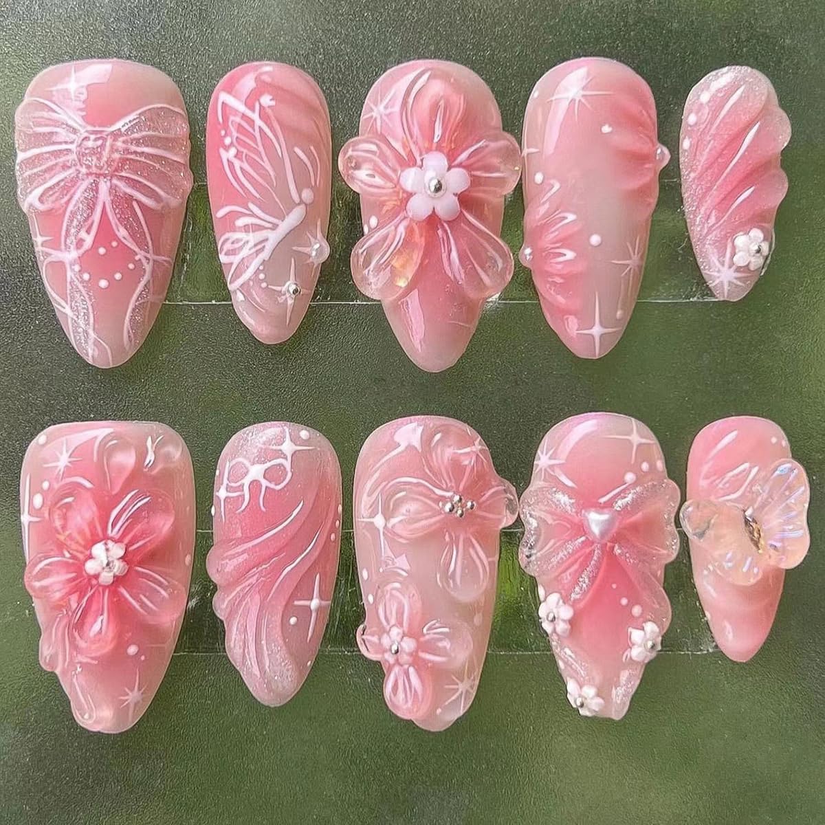 BMKKOT 24Pcs Pink Almond Nails-12: 3D Flower Acrylic Nails, Butterfly Bow, Water Ripple Design, Glossy Finish, Full Cover Nail, ABS Material, Almond Shape, Press-On False Nails