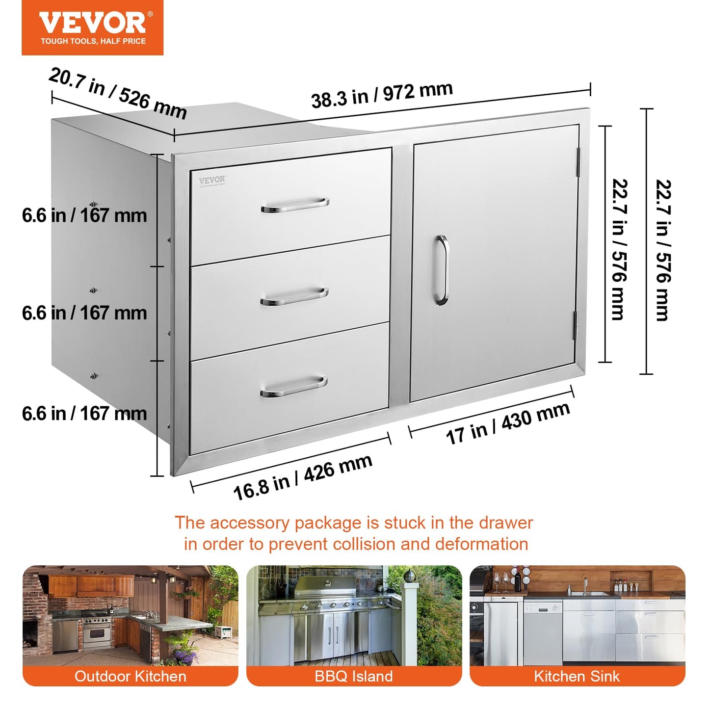 VEVOR BBQ Island Drawers 38.1W x 22.6H x 20.8D, Outdoor Kitchen Door Drawer Combo Cabinets, BBQ Access Door/Triple Drawers Combo, Stainless Steel Handles, Perfect for BBQ Island Patio Grill Station