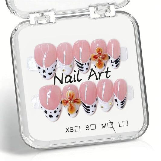 10 Pcs Pink Handmade Press on Nails Short Almond Fake Nails with 3D Flower Design Leopard Print French Tip False Nails Short Almond Press Ons Nails Acrylic M Size for Women