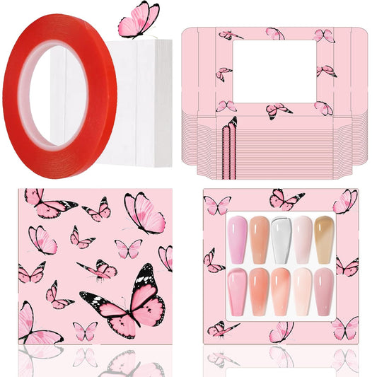 HLQHXWHZT 71 Pcs Include 35Pcs Empty Press on Nails Packaging Box 35 Pcs White Background Papers and 1 Double Sided Tape, Empty Nail Package Box Set for Press on Nail Business(Pink)…