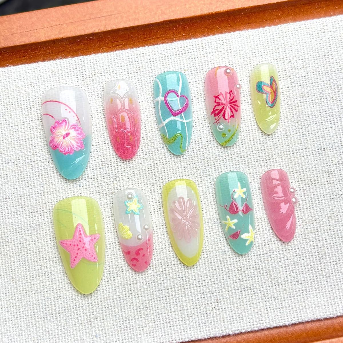 30Pcs Summer Press on Nails Almond Fake Nails Colorful Shell Starfish Flower Butterfly Heart Design Summer Beach Glue on Nails 3D Pearl Floral Acrylic Nails Press ons False Nails for Women
