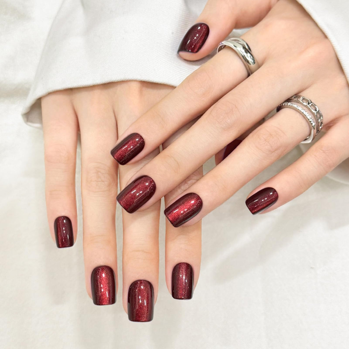 Dark Red Cat Eyes Press On Nails,12 Sizes - 24 Pcs Soft Gel Red Short Squoval Fake Nails Kit with Nail Glue, Natural Reusable Stick On False Nails for Women and Girls SK1058