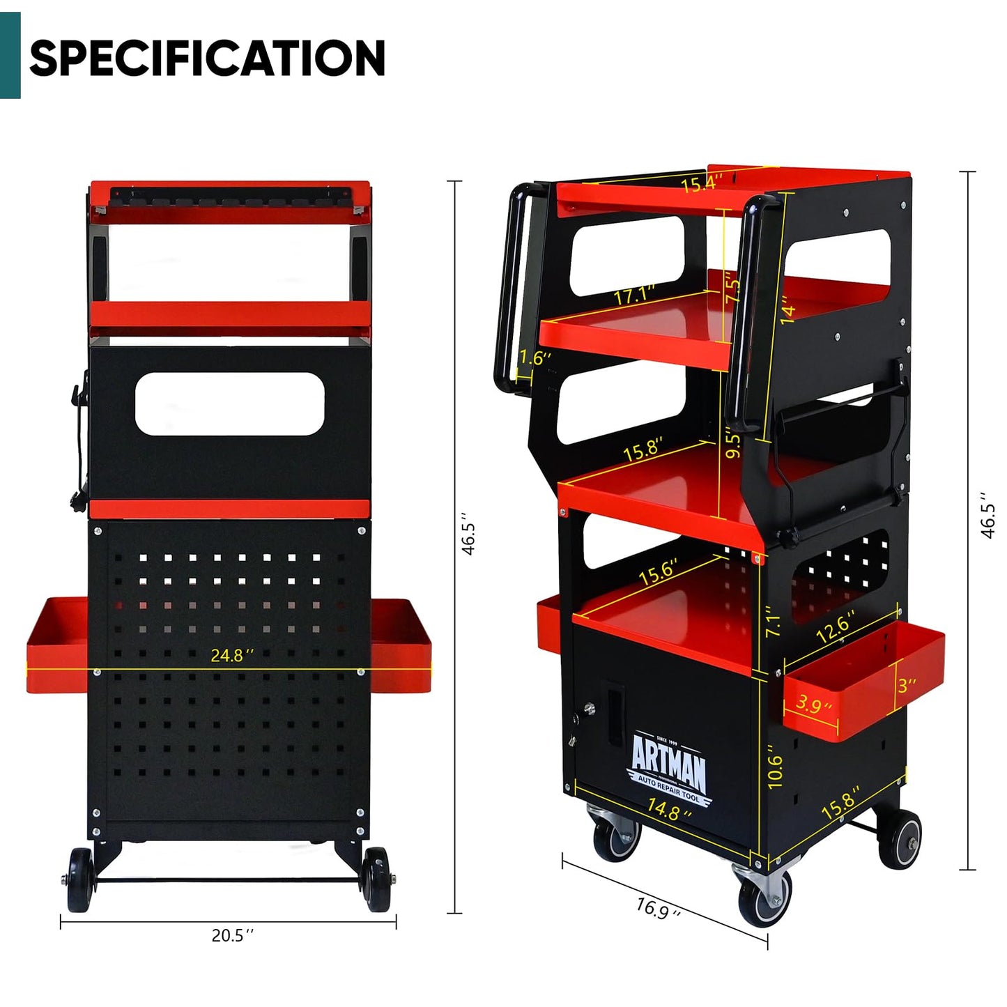 Professional 4-Tier Rolling Tool Cart with Locking Cabinet, Heavy-Duty Steel Detailing Cart for Mechanics, Mobile Garage & Workshop Storage