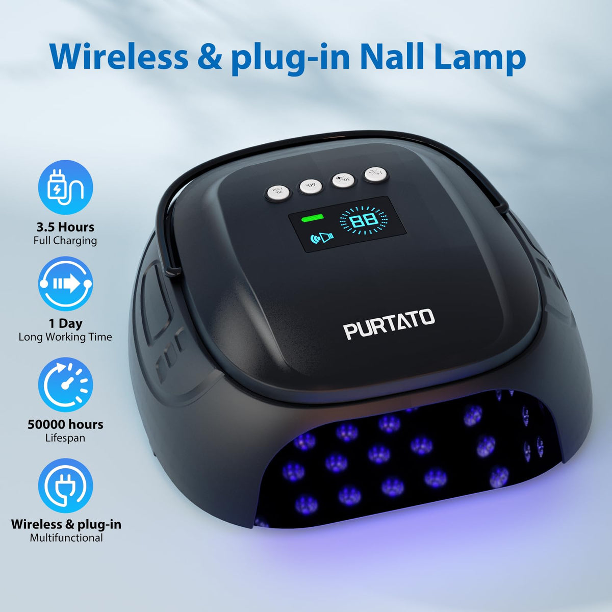 Purtato 126W Cordless Rechargeable UV LED Nail Lamp with Large Space, Handle and Foot Rest, Fast Curing Gel Nail Dryer with 4 Timers for Salon and Home (Matte Black)