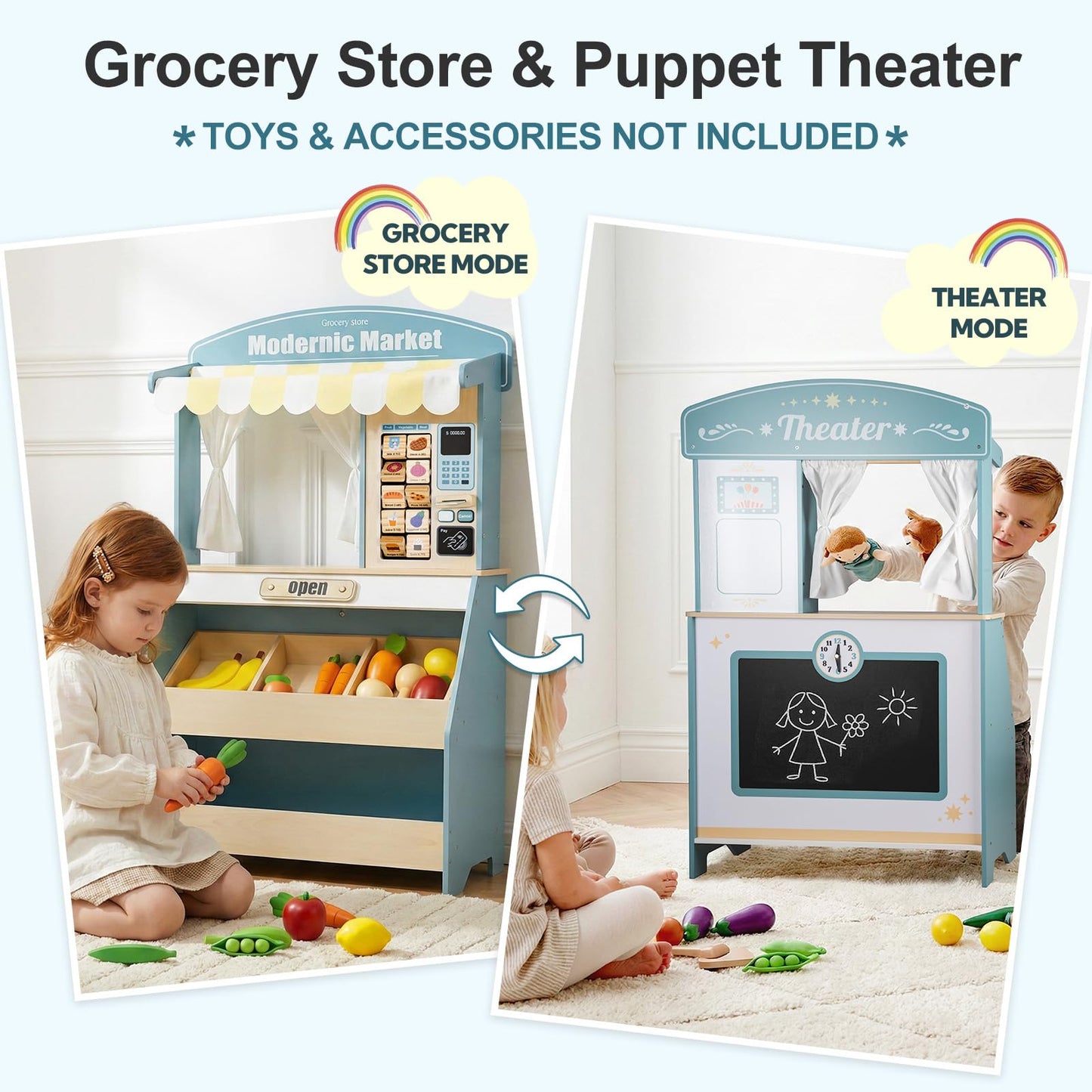 DREAM BUILDING Kids Grocery Store Pretend Play, Puppet Theater&Grocery Store Playset Toy Double-Sided, Toddler Supermarket Toy Cash Register w/Blackboard, Display Shelves, Gift for Boys Girls, Blue