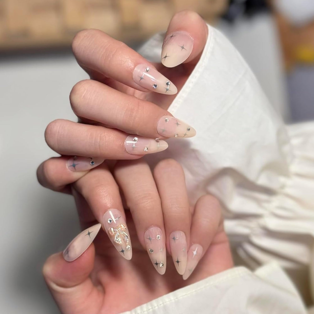 Almond Press On Nails Medium Fake Nails with Nude Gradient&Rhinestones Star Designs in 12Sizes-24PCS,French Tip Nail Set for Women&Girls, Nail Washable,Easy Application for Parties,Daily Wear