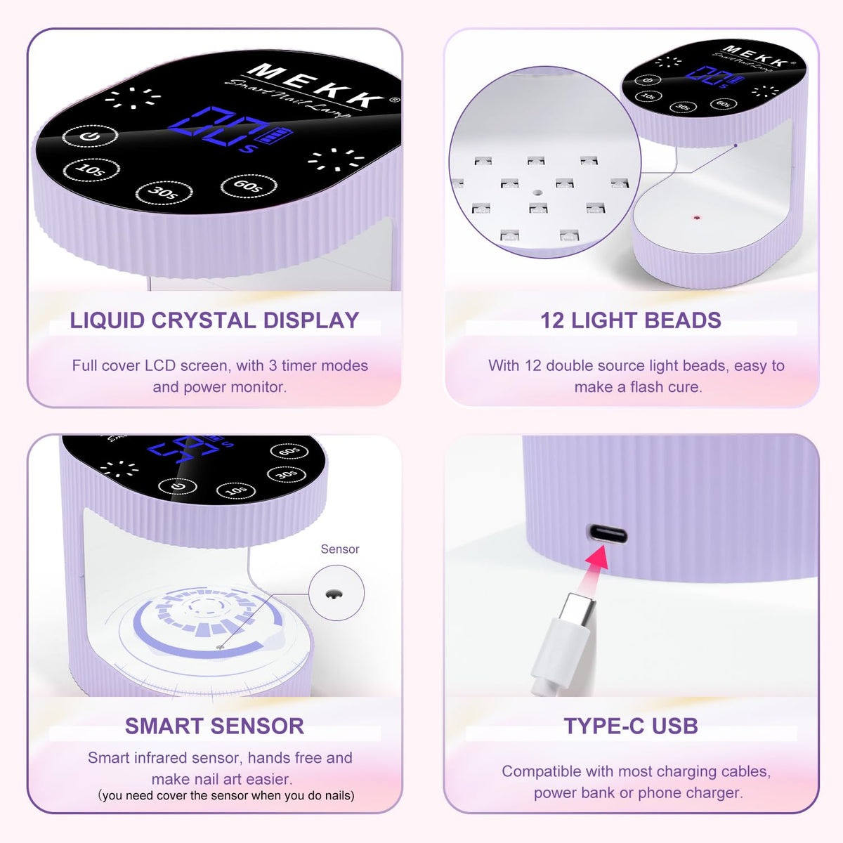 MEKK Cordless Mini UV Light for Gel Nails - 24W Rechargeable Mini UV LED Nail Lamp with Touch Control & Auto Sensor,Small Flash Cure Lamp,4 Timers,Portable Nail Light for Tavel & Home Use-Purple