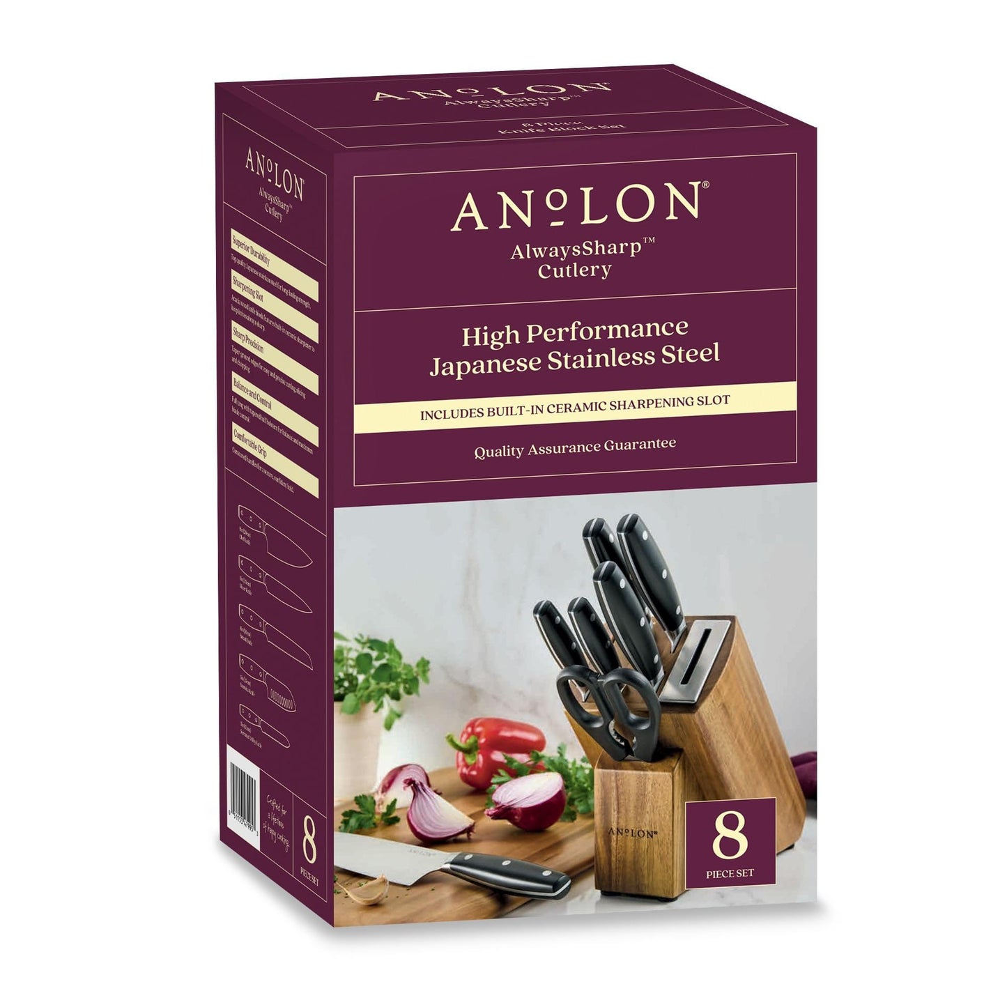 Anolon AlwaysSharp Japanese Steel Knife Block Set with Built-In Sharpener, 8 Piece