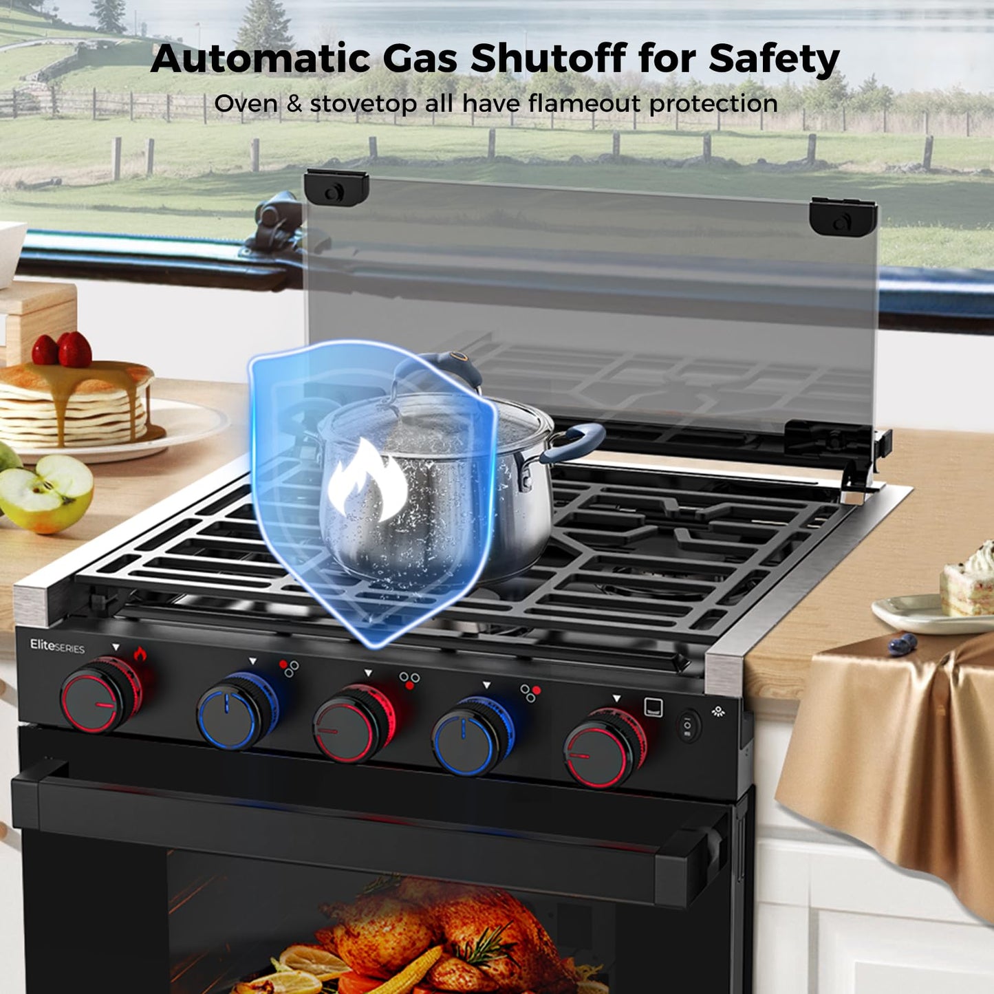 CAMPLUX Elite 21-Inch RV Stove Oven Combo with Flame Failure Protection, 1.8 Cu.ft RV Propane Oven with 3 Burners Cooktop, 28,100 BTU, Slide-In RV Range Oven for Camper, Trailer, Black