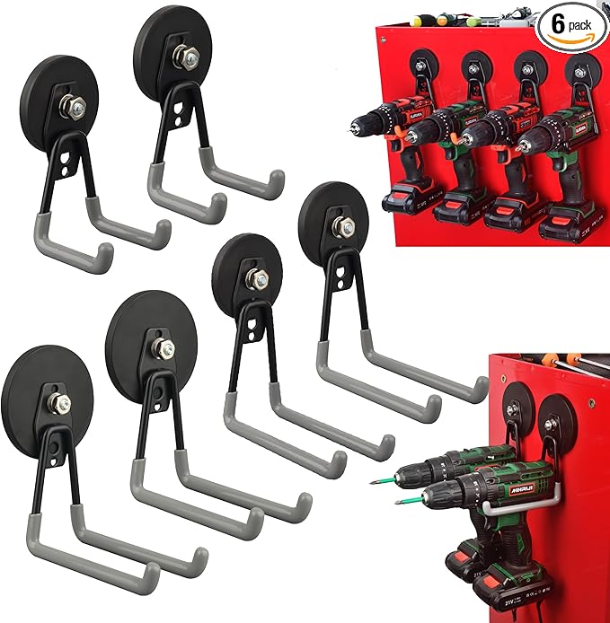 ULIBERMAGNET Heavy Duty Magnetic Hooks,Strong Large Magnet Hooks for Power Drill,Garden Tools, Hose,Pegboard,Garage,Workshop,6 Pack Magnetic Storage Hooks for Indoor Outdoor Hanging(Gray)