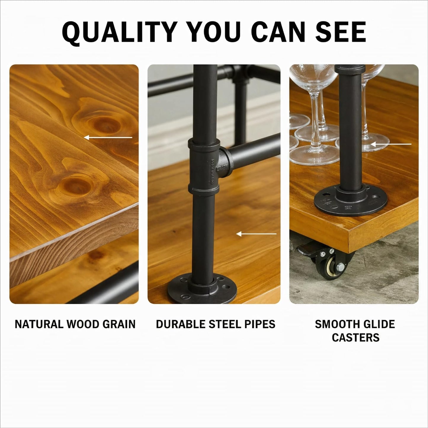 DOFURNILIM Industrial Pipe Bar Carts/Serving Carts/Kitchen Carts/Wine Rack Carts on Wheels with Shelves - Wood Rolling Carts - Wine Tea Liquor Shelves/Holder - Home Furniture