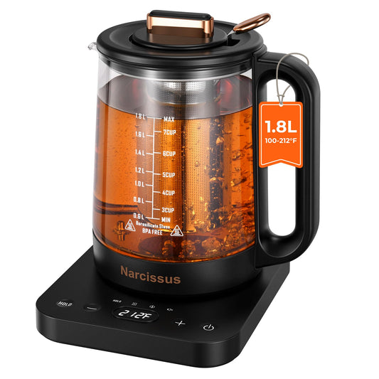 Narcissus Electric Kettle Temperature Control ±5℉, 1.8L Glass Electric Tea Kettle with Removable Infuser for Flowers & Fruit Tea, 1200W Fast Boiling, 6 Hours Keep Warming, Black