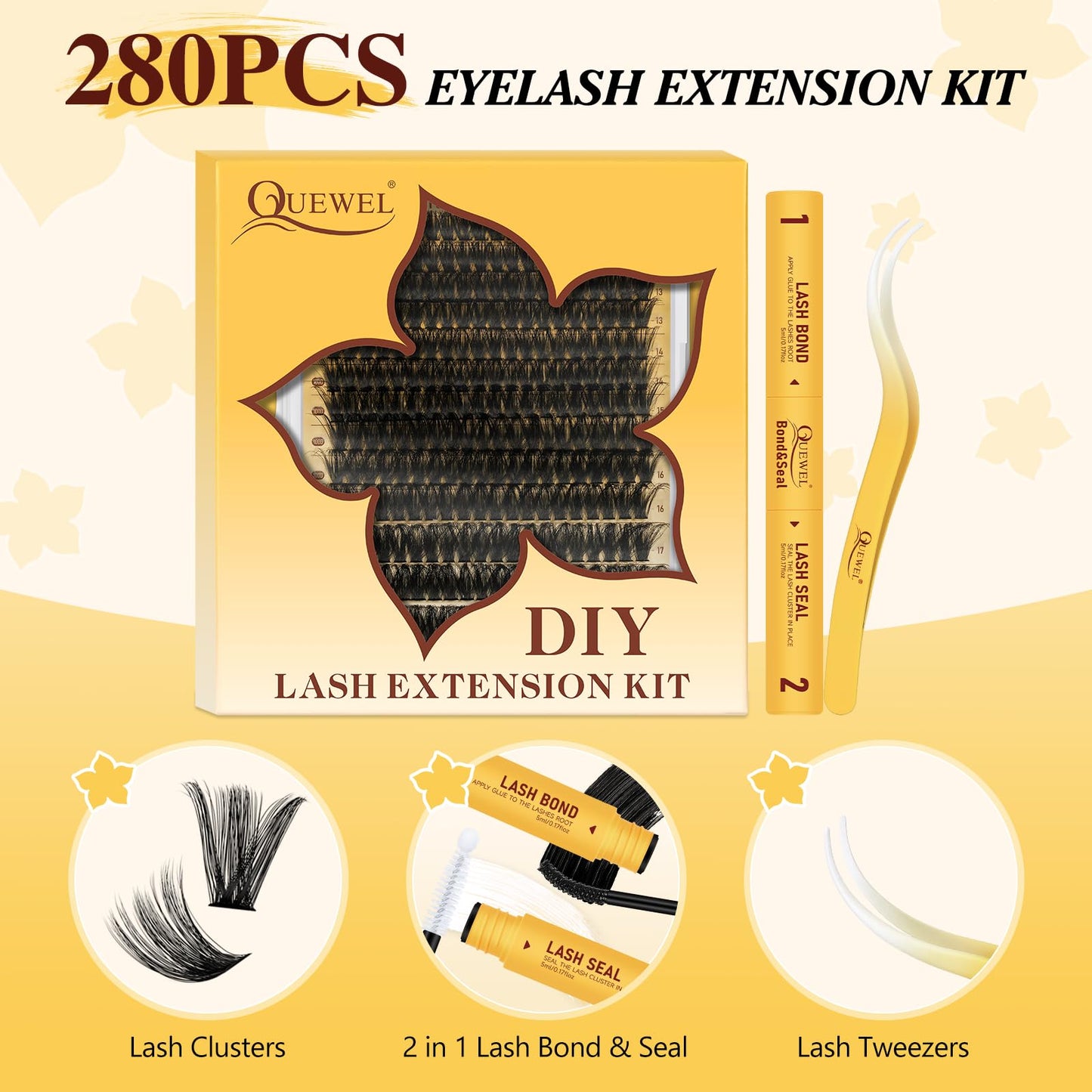 QUEWEL Lash Clusters Kit, 320Pcs 100D Lash Cluster Eyelash Extensions Mix 12-18mm 3D Eyelash Clusters with Lash Bond and Seal and Lashes Tweezers Easily Create 3D Lashes Clusters at Home(100D Kit)