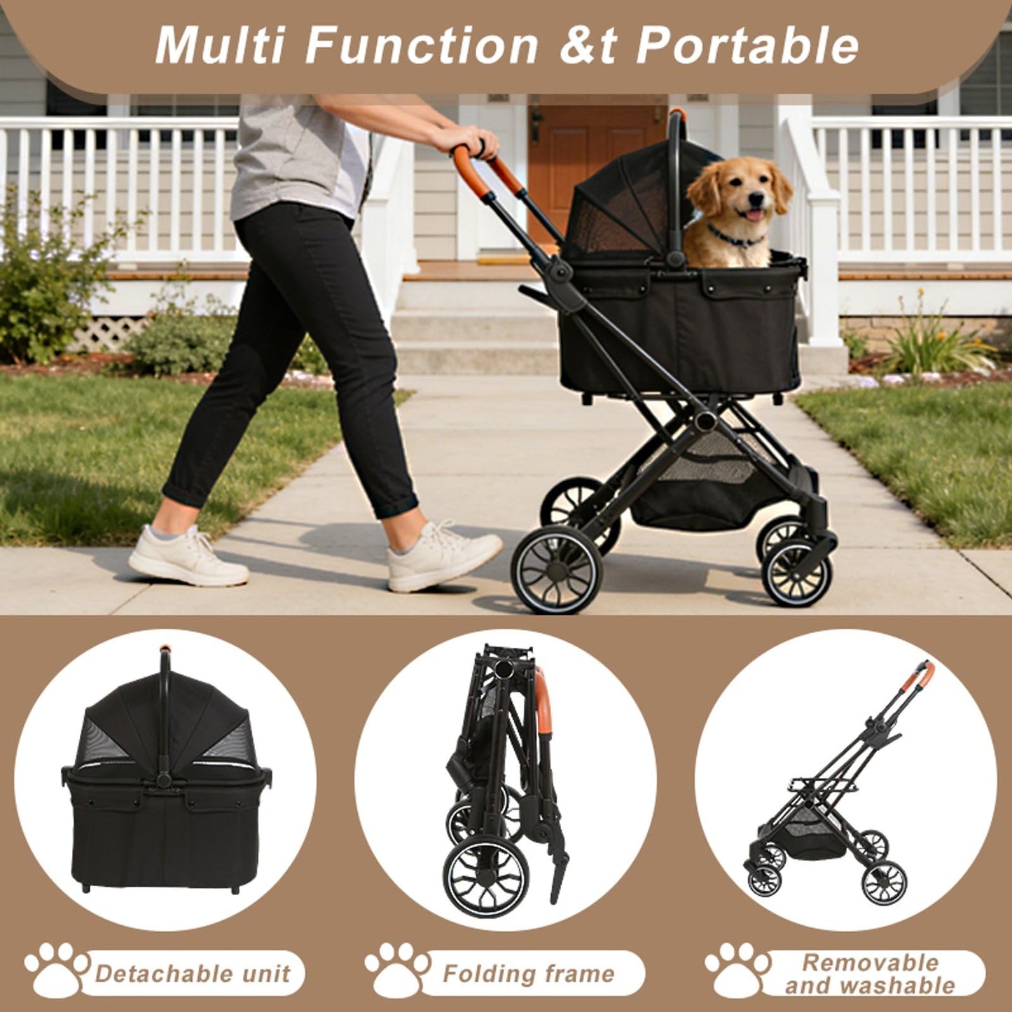 VRHOT Pet Stroller for Small Dogs and Cats, Detachable Dog Cat Stroller with All-Terrain Shock Absorbing Wheels, One-Click Foldable Design, Adjustable Canopy (Gray)