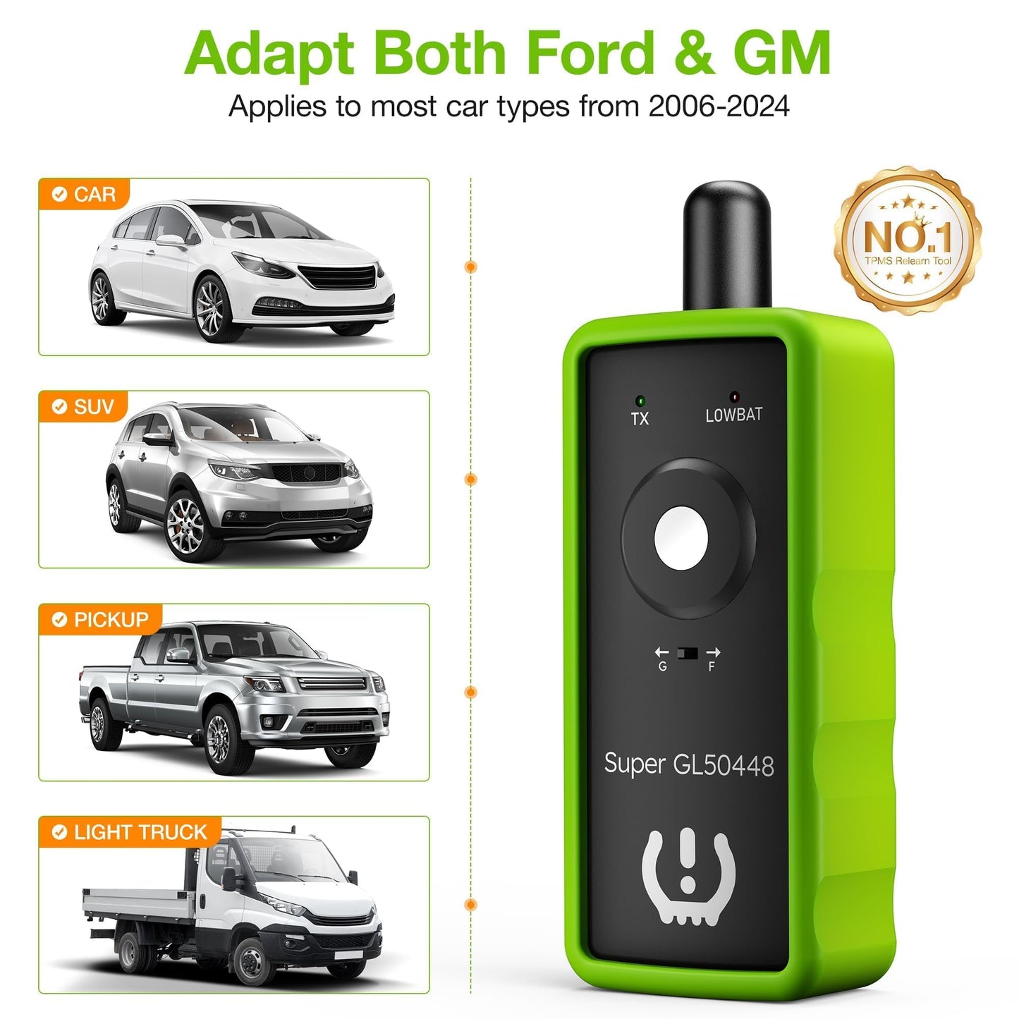 VXDAS 2IN1 TPMS Relearn Tool Super GL50448 for GM and Ford with Model Switch Button,Tire Pressure Sensor Monitor Reset Activation for Buick/Cadillac/Chevrolet/GMC/Lincoln 2025 Edition(Green)