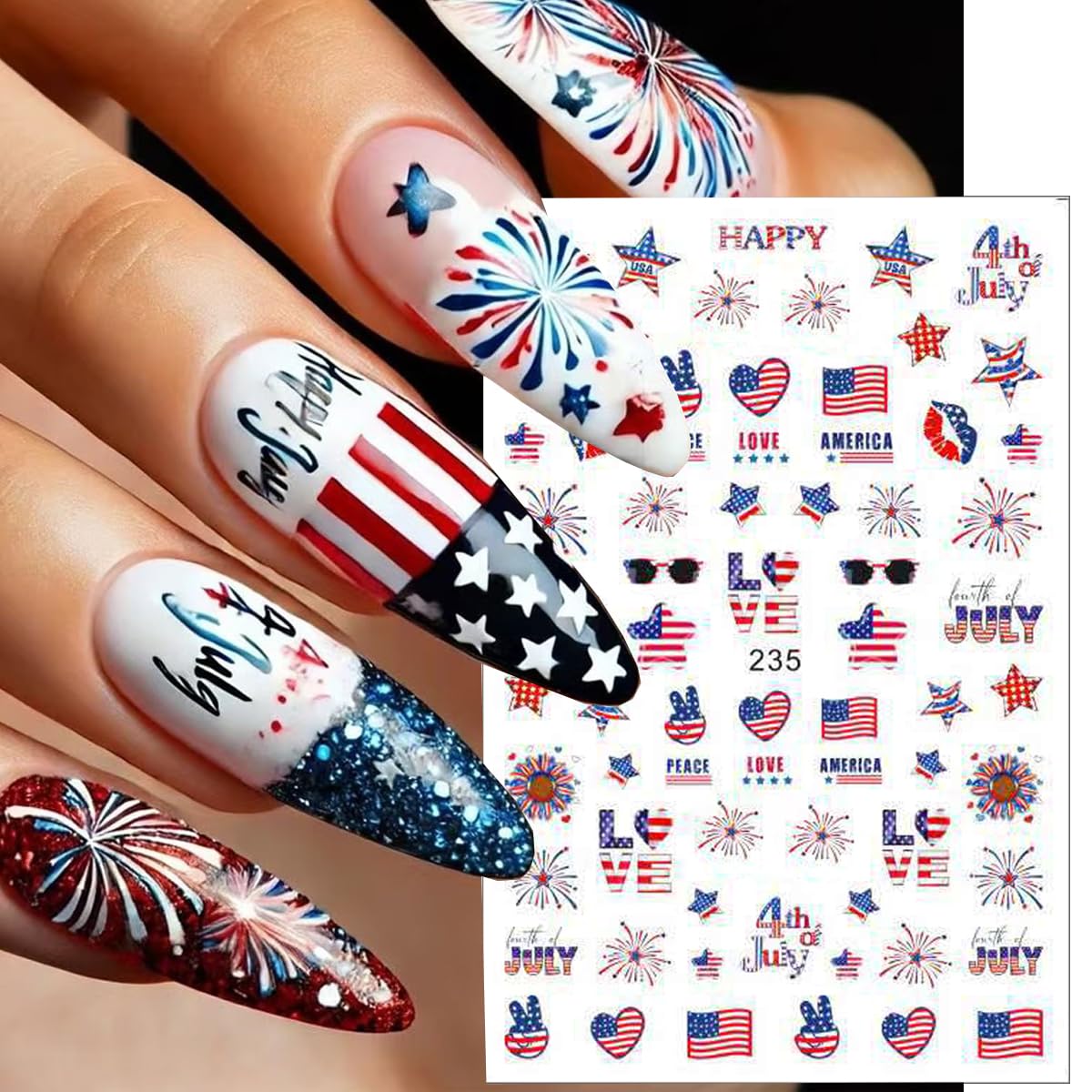 6Pcs/Celebrate 4th of July Nail Stickers for Nail Art Set - Independence Day Fireworks USA America UK Flags Adhesive Nail Art Sticker Decals DIY Patriotic Manicure Sliders Decorations Supplies