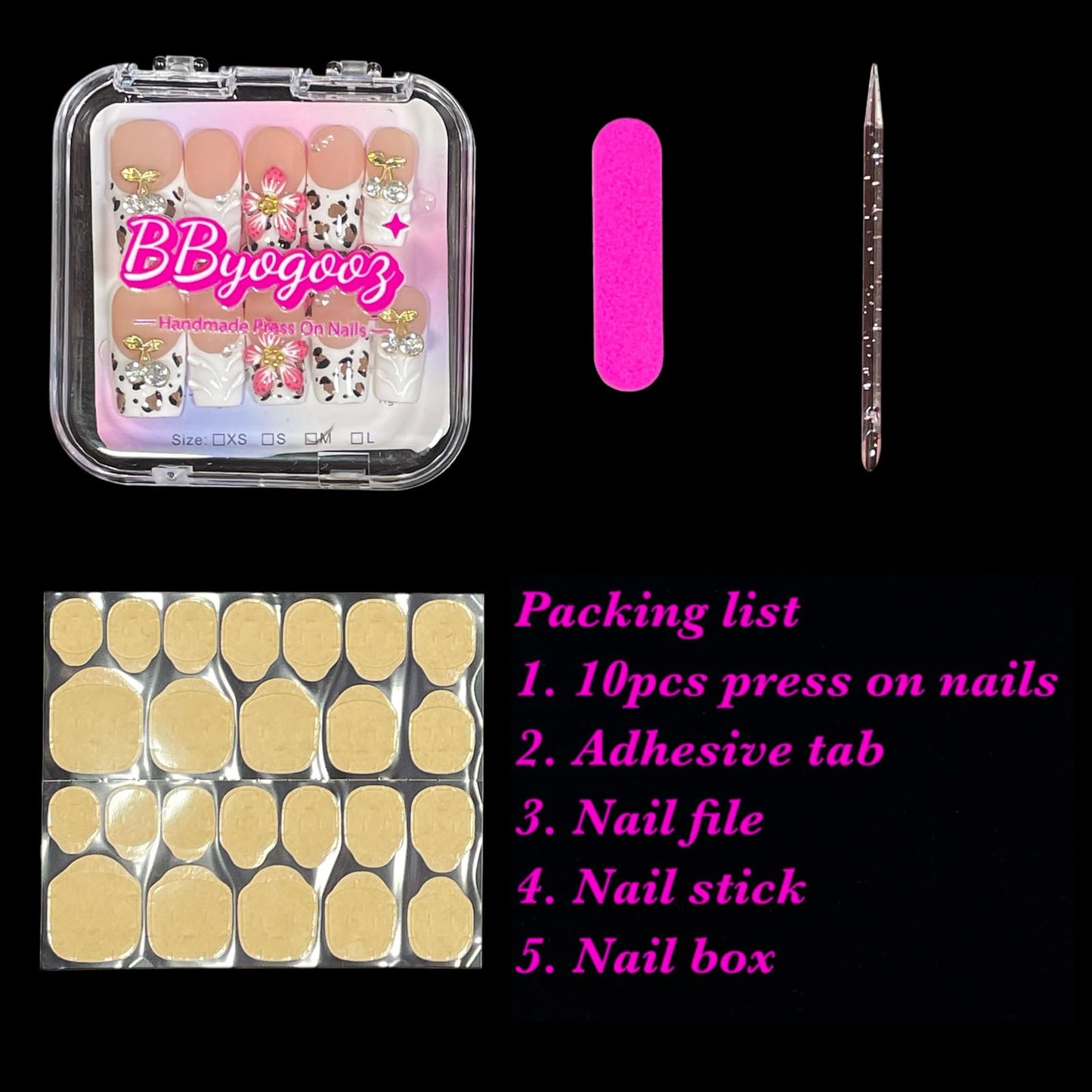 Handmade Press On Nails, 3D Velvet Floral Short/Medium Length Square White French Tips, Leopard Cherry Design, Reusable Acrylic False Nails (Velvet Jungle, L)
