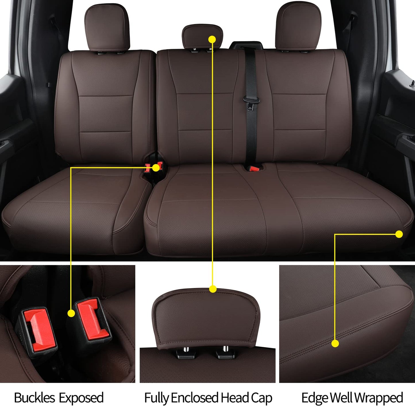 Covertopia F150 Faux Leather Seat Covers, Custom fit 2015-2024 2025 Ford F150 SuperCrew, and 2017-2024 2025 F250 F350 F450 Super Duty Crew Cab(Full Set, Brown)