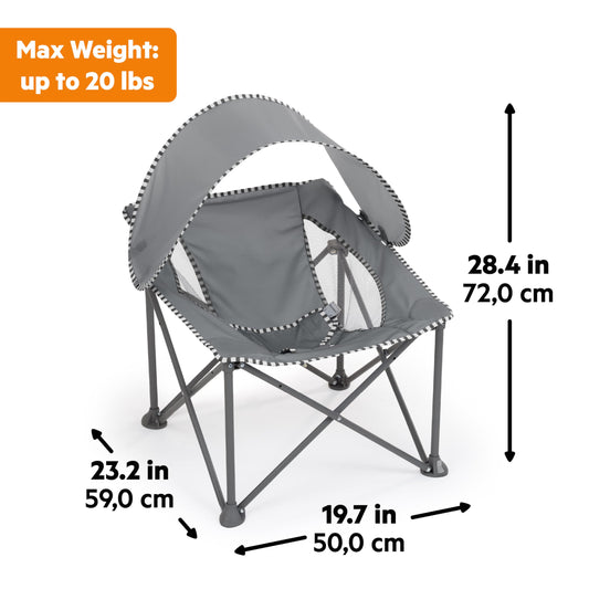 Bright Starts Pop 'N Chill Portable Infant Beach Chair, Travel Seat with UPF 50+ Canopy, Indoor/Outdoor Baby Seat, Grey, 0‑6 Months