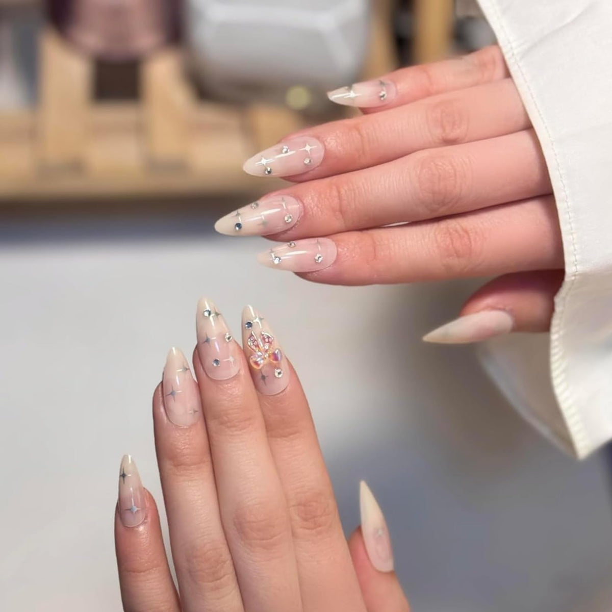 Almond Press On Nails Medium Fake Nails with Nude Gradient&Rhinestones Star Designs in 12Sizes-24PCS,French Tip Nail Set for Women&Girls, Nail Washable,Easy Application for Parties,Daily Wear