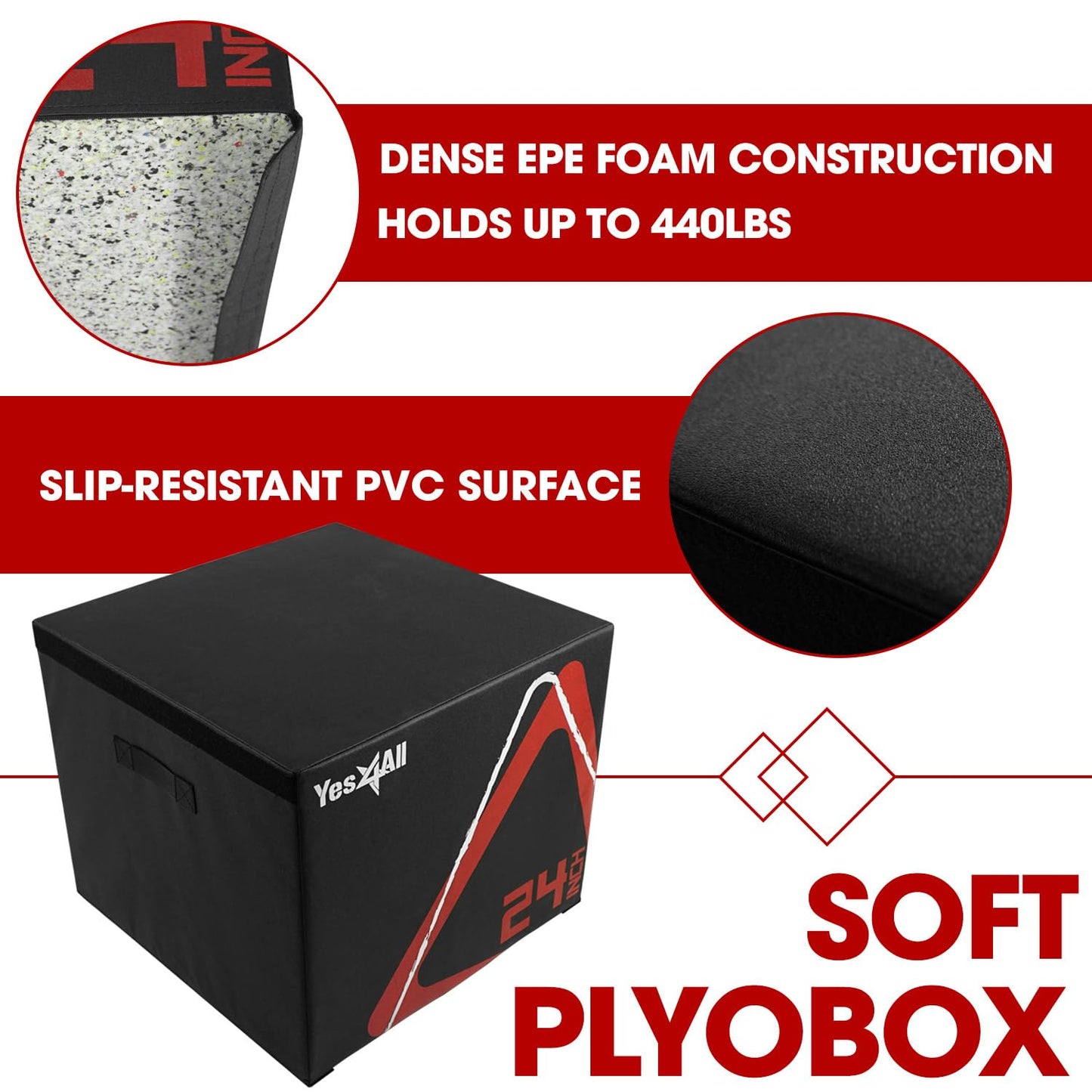 Yes4All Adjustable Soft Plyo Box, Jumping Trainer - For Plyometric Exercises and Conditioning, Multiple Height Variations, 24'', Black