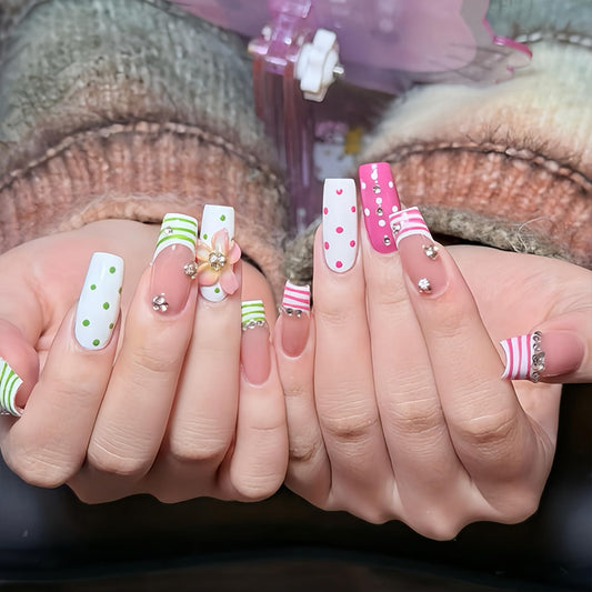octoswave Medium Square Press on Nails with Polka Dot & Stripe Design - Acrylic Fake Nails for Women, Perfect for Parties, Dates & Office Wear - 24Pcs