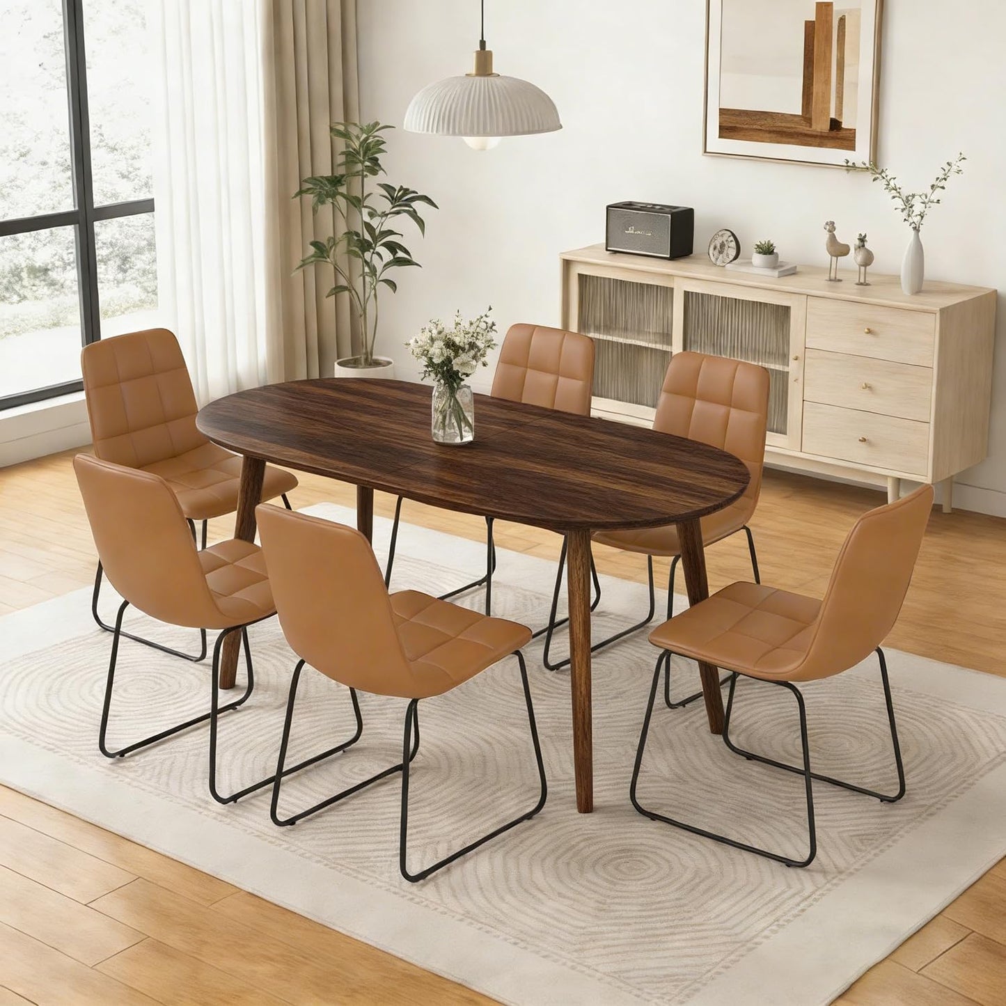 63" Oval Dining Table Set for 6, 7 Piece Modern Dining Table Set for Kitchen and Dining Room, Solid Wood Legs Dining Table with 6 Checkered PU Leather Dining Chairs（Walnut Table+6 Brown Chairs)