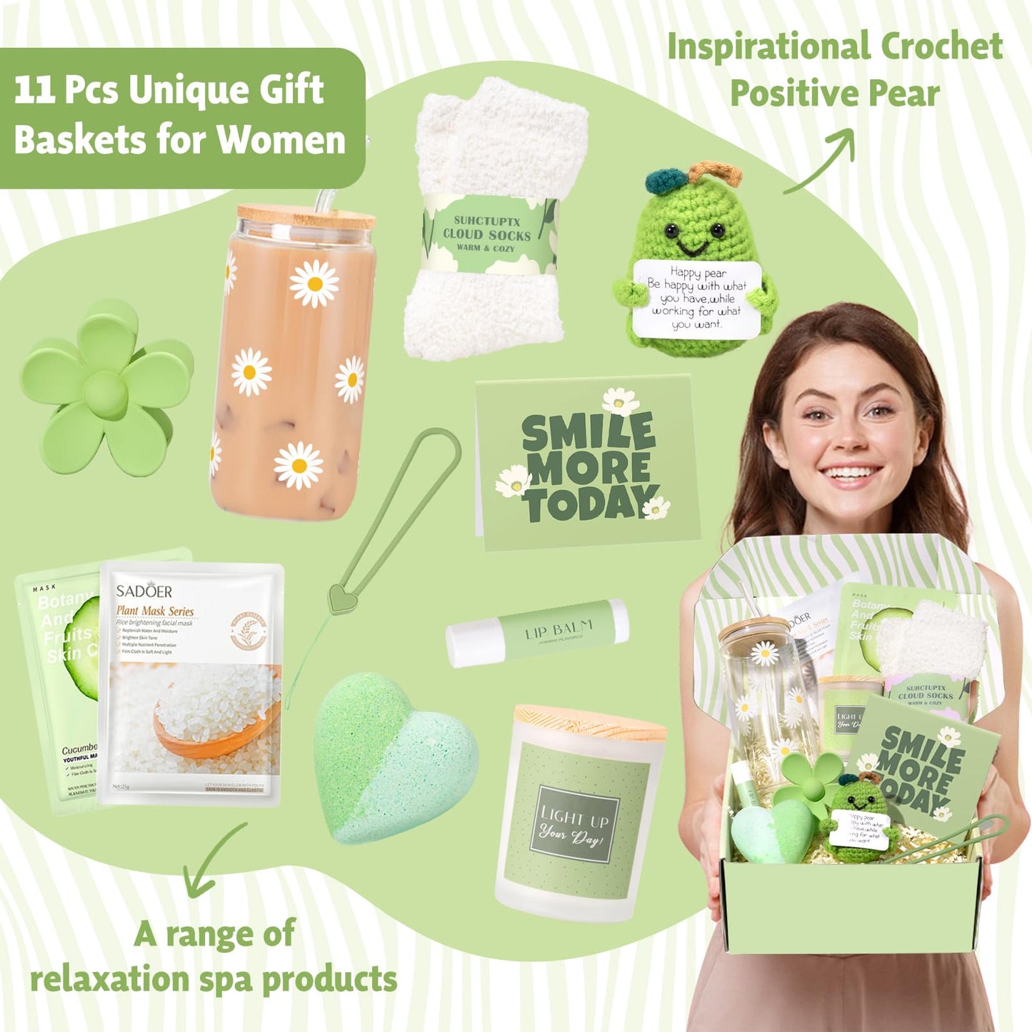 Gift Baskets for Women, 11pcs Unique Happy Birthday Gifts for Women, Best Inspirational Get Well Christmas Ideas Box w/ Daisy Cup Her Teen Girl Sister Friend Friendship Mom - BRIGHTEN UP HER DAY!