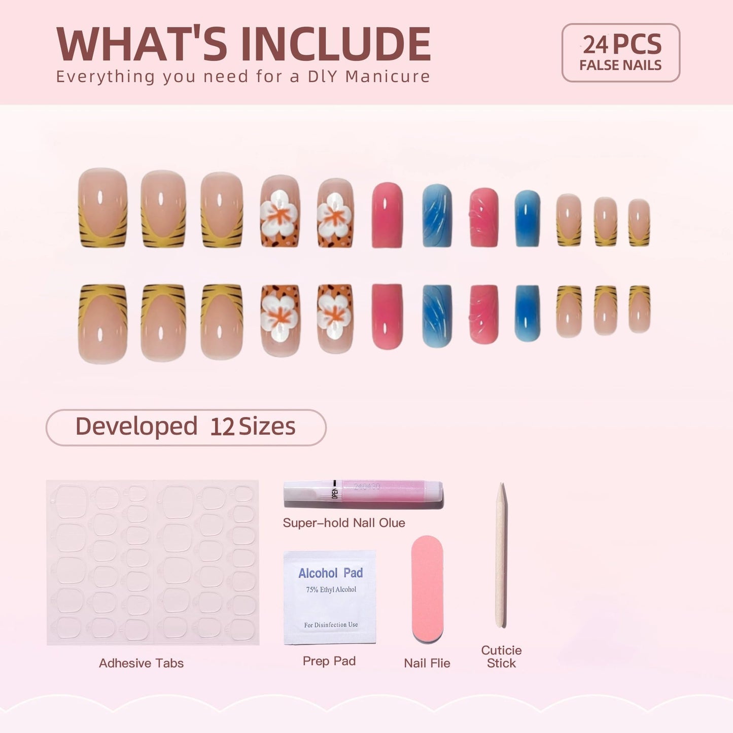 Short Press on Nails Square French Tip Fake Nails Pink Blue Glue on Nails with 3D Swirl and Flower Designs Acrylic Nails Press ons Full Cover Stick on Nail for Women Manicure 24Pcs
