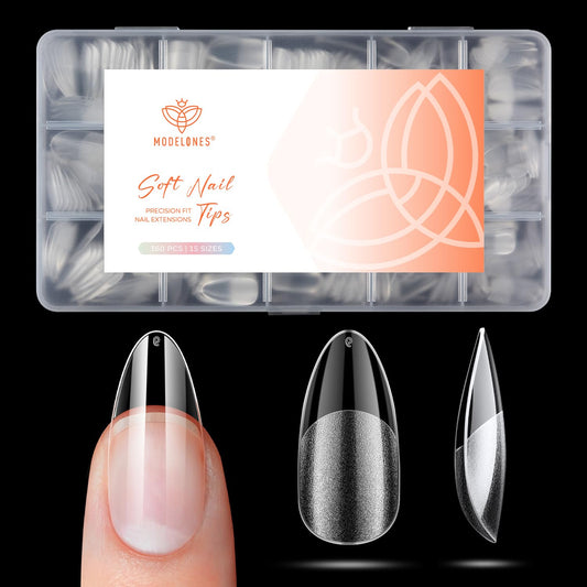modelones Medium Almond Gel Nail Tips, 360pcs Pre-etched Clear Fake Nails Press On Full Cover Half Matte 15 Sizes Acrylic Gel Tips for Extension Salon