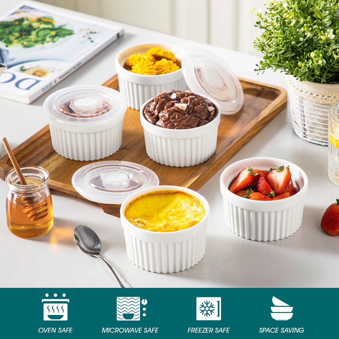 vancasso 10 oz Ramekins with Lid, Porcelain Creme Brulee Souffle Dishes, White Pudding Custard Cups Ramiken for Baking, Dishwasher and Oven Safe, Set of 6