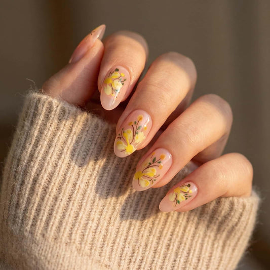 French Press on Nails 24 Pcs Fake Nails Short Almond with Yellow Flower Designs Glue on Nails Full Cover Acrylic Nails Reusable Stick on Nails Glossy Artificial Nails for Women