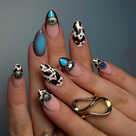 octoswave Press on Nails Long Almond, 24 Pcs Western Cowboy Brown Cow Print and Turquoise Design Fake Nails with Jelly Glue, Glossy French Nail Art for Daily Wear and Vacation, Reusable