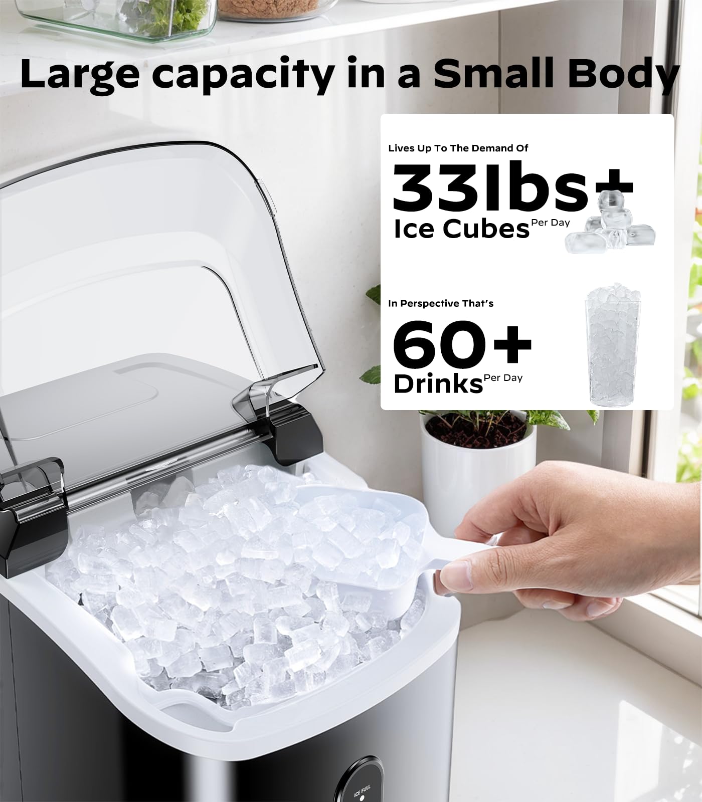 Nugget Ice Makers Countertop, Pellet Ice Machine with Self-Cleaning Function, Nugget Ice Machine Produces 33 lbs of Chewable Ice in 24 Hours, Sonic Ice Maker Perfect for Home Kitchens Party Camping