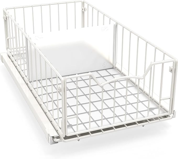 Simple Houseware Pull-Out Cabinet Sliding Basket Organizer, 17.2" D x 9.7" W x 5" H â White, Ideal for Kitchen and Bathroom Cabinet Storage, Under Sink or Pantry Organization