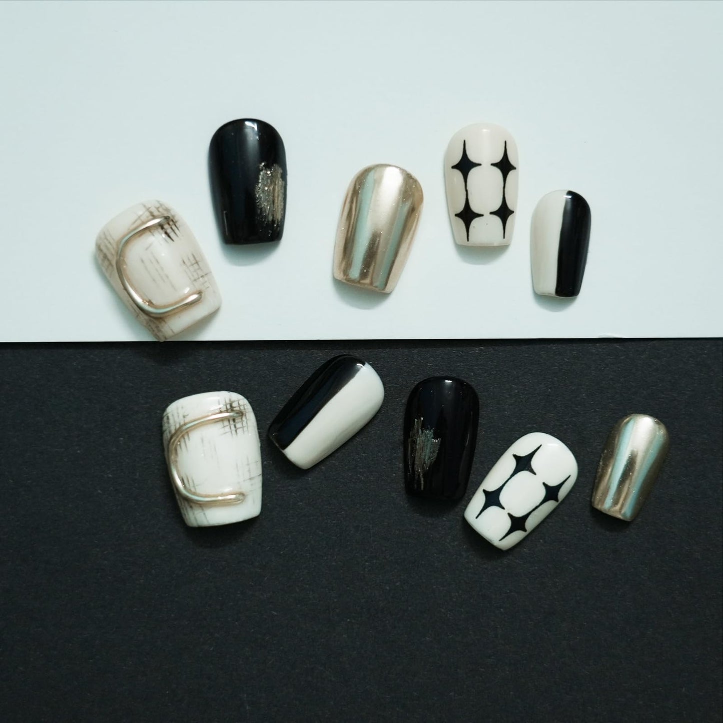 Trendy Press On Nails Black White Gold - 3D Short Square Nails Metallic Glitter Glossy Reusable Gel Press on Acrylic Fake Nail for Daily Nail Art (Starry Glow,M)