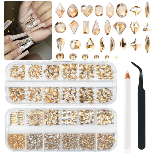 qiipii 24 Styles Champagne Gold Nail Rhinestones Multi Shapes K9 Glass Flatback Crystals Gems Round Beads Stones Diamonds Jewels Nail Art Charms Supplies for Nails Face Eyes Makeup Crafts Clothes