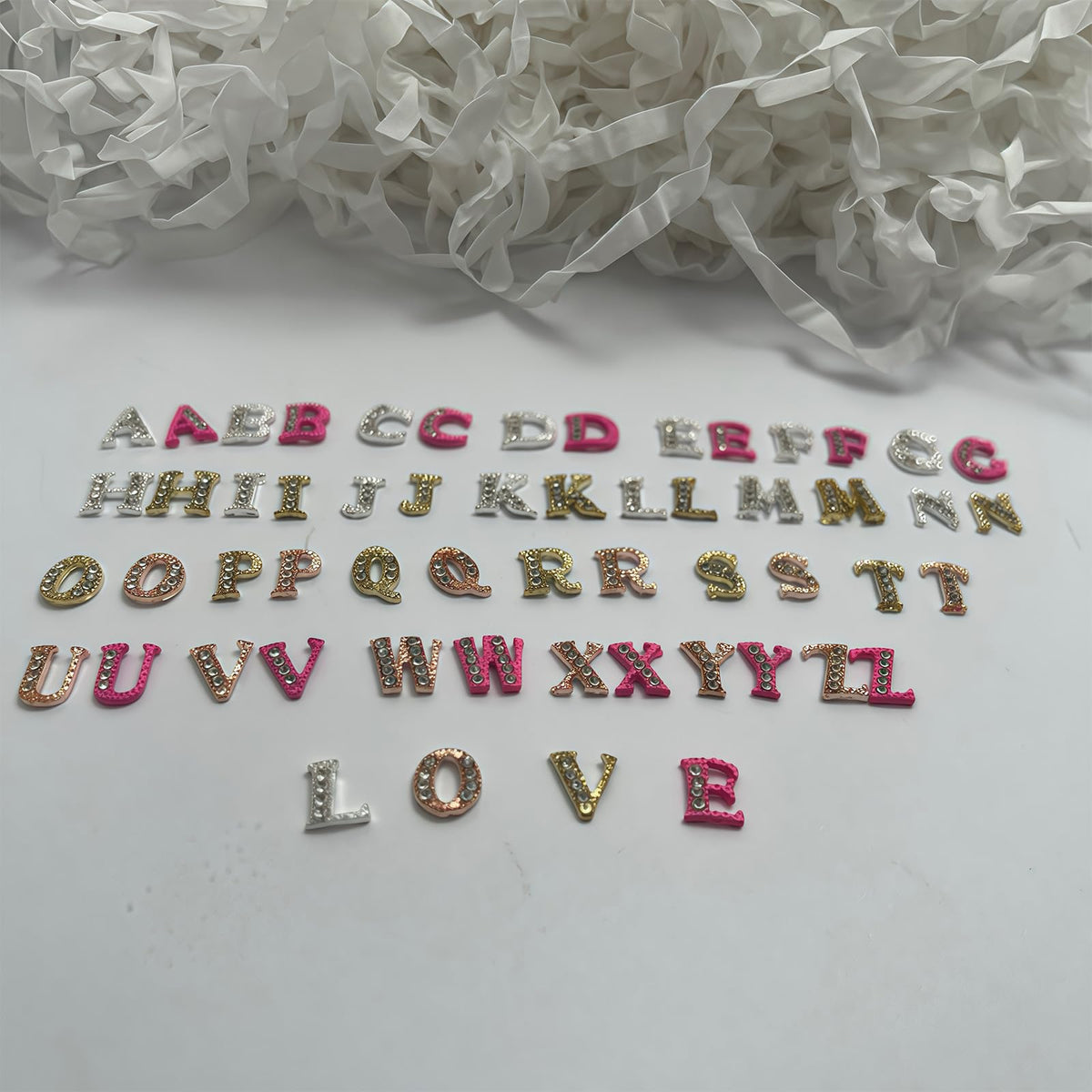 Pizadix 104 Pcs 3D Silver Gold Rose Gold Pink Nail Charms Letters Initial Charms for Nails Nail Letter Charms Alphabet Rhinestone Nail Charms for Nail Art Design Decoration DIY Craft