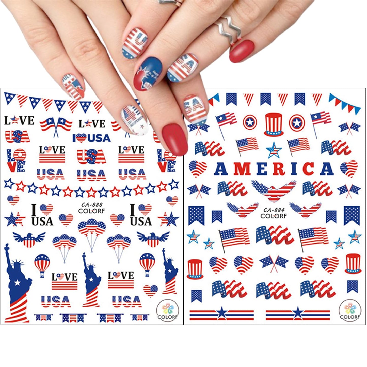 8Sheets 4th of July Nail Art Stickers American Flag Patriotic Nail Decals,3D Self-Adhesive Independence Day Nail Stickers Stars Stripes Eagle Nail Design Memorial Day Nail Supplies for girl Nail Decor