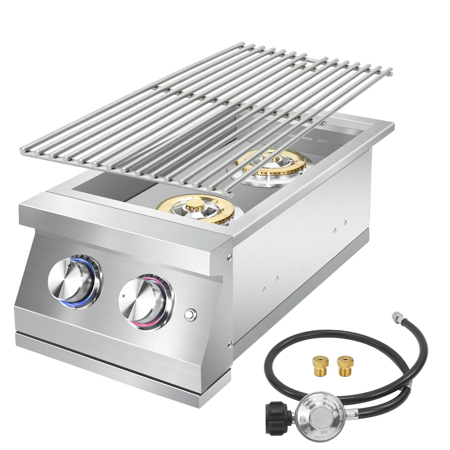 Qualipo Double Grilling Side Burners for Outdoor Kitchen, 2 * 17,000BTU Liquid Propane Burners, Convertible to Natural Gas, Heavy-Duty 304 Stainless Steel, Built-in Side Burner for BBQ Grill Island
