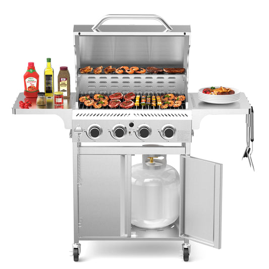 Electactic Propane Gas Grill 4 Burners, 32000 BTU Outdoor Barbecue Grill with Stainless Steel Body & Heavy-Duty 304 Grill Grates, Foldable Side Shelves & Built-in Thermometer, Portable with Wheels