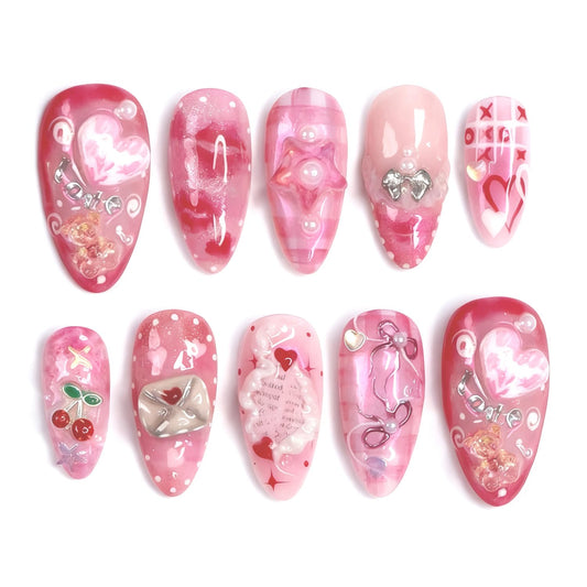 30Pcs Pink Valentine's Press on Nails Almond Nail Art,Beautiful Fake Nails Set French Pointed Nails Cute Bear Sexy Red Lips Rose Pearl Pressed Nails,Love Fully Covered Romantic Nail Decor DIY Manicure